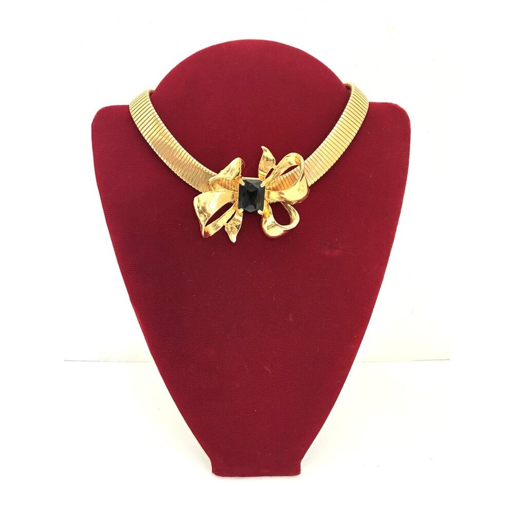 ART DECO FRENCH MODERNIST Gold Tone COLLAR BOW NECKLACE Vintage